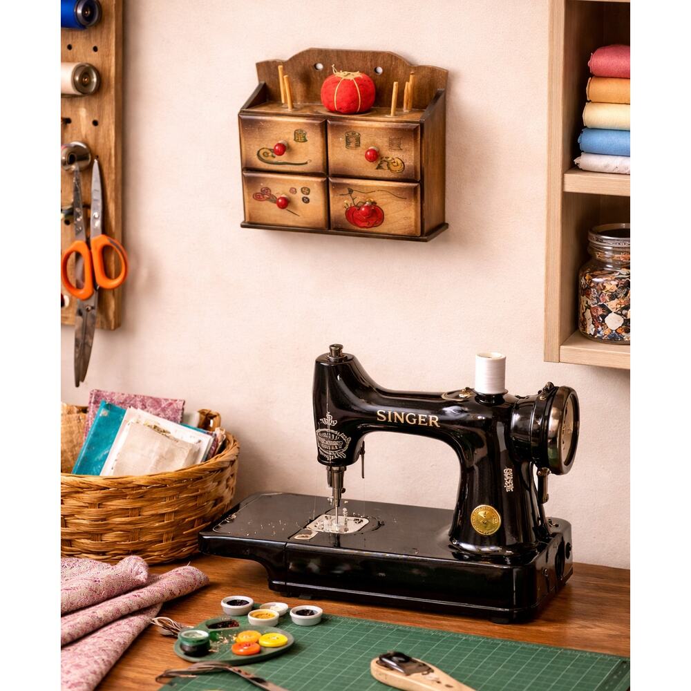 Vintage Nevco Japan Small 4 Drawer Wood Sewing box w Tomato Pin Cushion on Top